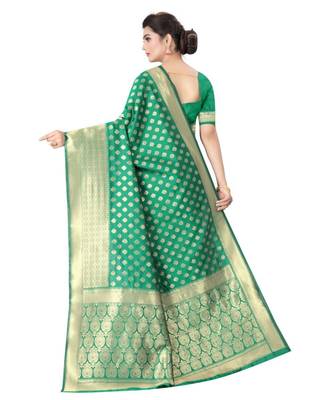 GREEN  Banarasi Jacquard  Saree With Blouse 2