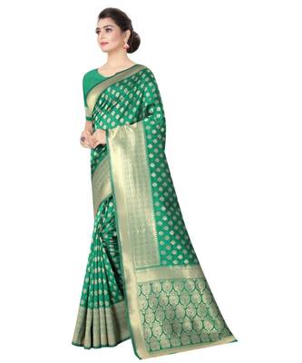 GREEN  Banarasi Jacquard  Saree With Blouse 3