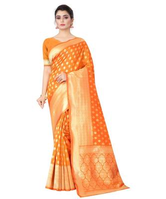ORANGE  Banarasi Jacquard  Saree With Blouse 1
