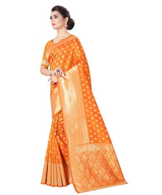 ORANGE  Banarasi Jacquard  Saree With Blouse 3