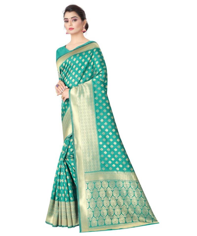 RAMA GREEN Banarasi Jacquard  Saree With Blouse