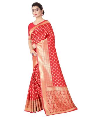 ROYAL RED Banarasi Jacquard  Saree With Blouse 3
