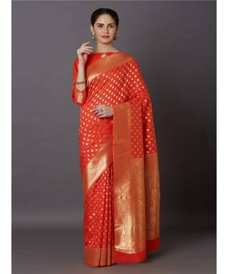 ORANGE  Banarasi Jacquard  Saree With Blouse 1