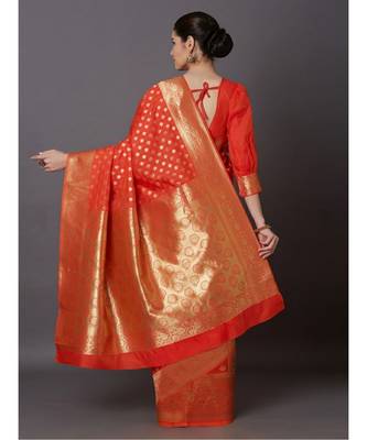 ORANGE  Banarasi Jacquard  Saree With Blouse 2