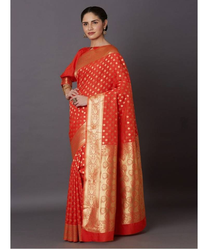 ORANGE  Banarasi Jacquard  Saree With Blouse
