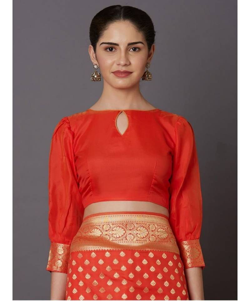 ORANGE  Banarasi Jacquard  Saree With Blouse