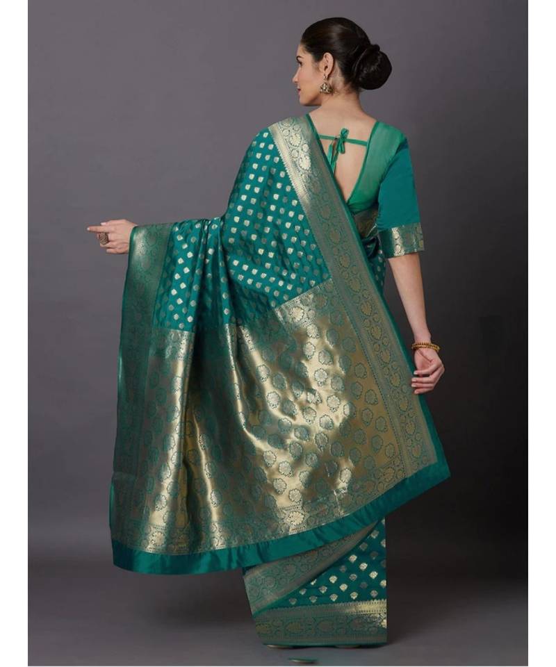 RAMA GREEN Banarasi Jacquard  Saree With Blouse