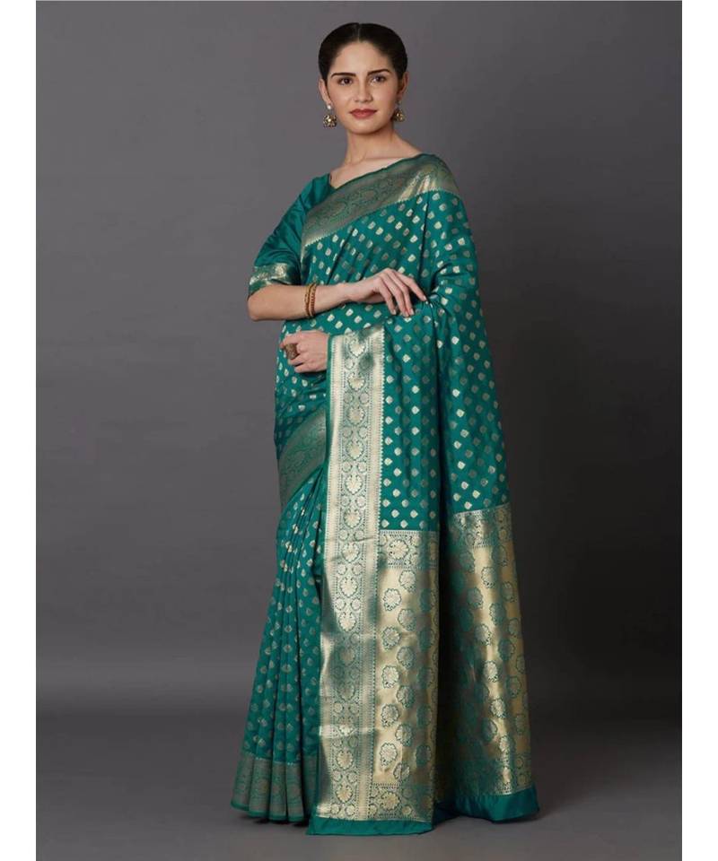 RAMA GREEN Banarasi Jacquard  Saree With Blouse