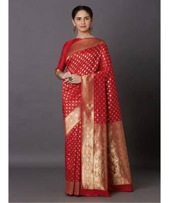 RED  Banarasi Jacquard  Saree With Blouse 1