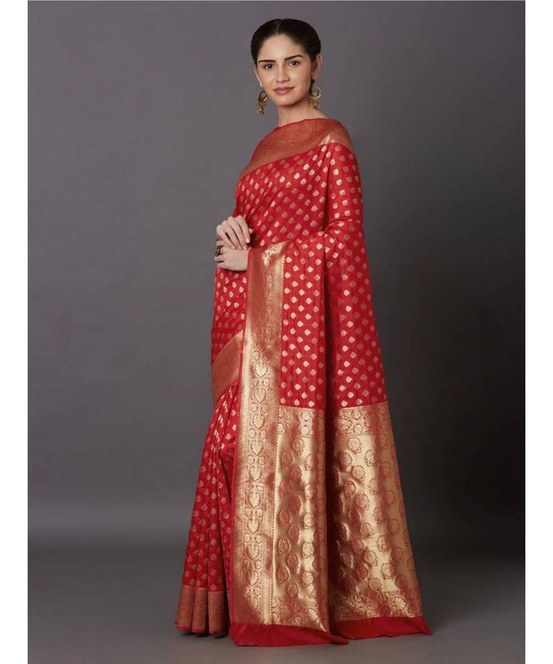 RED  Banarasi Jacquard  Saree With Blouse