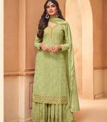 Parrot Green Faux georgette semistiched shtraight style Plazzo Suit with Top And Bottom Full Embroidery Work