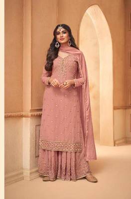 Peach Faux georgette semistiched shtraight style Plazzo Suit with Top And Bottom Full Embroidery Work 1