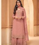 Peach Faux georgette semistiched shtraight style Plazzo Suit with Top And Bottom Full Embroidery Work