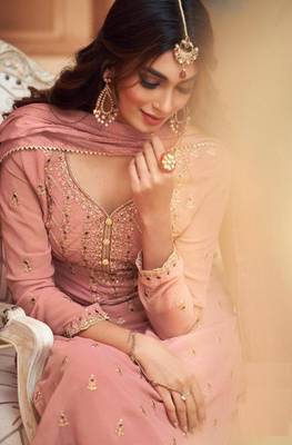 Peach Faux georgette semistiched shtraight style Plazzo Suit with Top And Bottom Full Embroidery Work 2