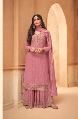 Pink Faux georgette semistiched shtraight style Pllazzo Suit with Top And Bottom Full Embroidery Work 1