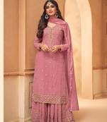 Pink Faux georgette semistiched shtraight style Pllazzo Suit with Top And Bottom Full Embroidery Work
