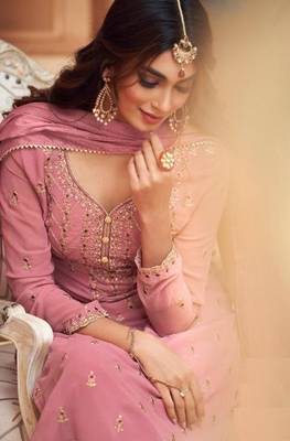 Pink Faux georgette semistiched shtraight style Pllazzo Suit with Top And Bottom Full Embroidery Work 2