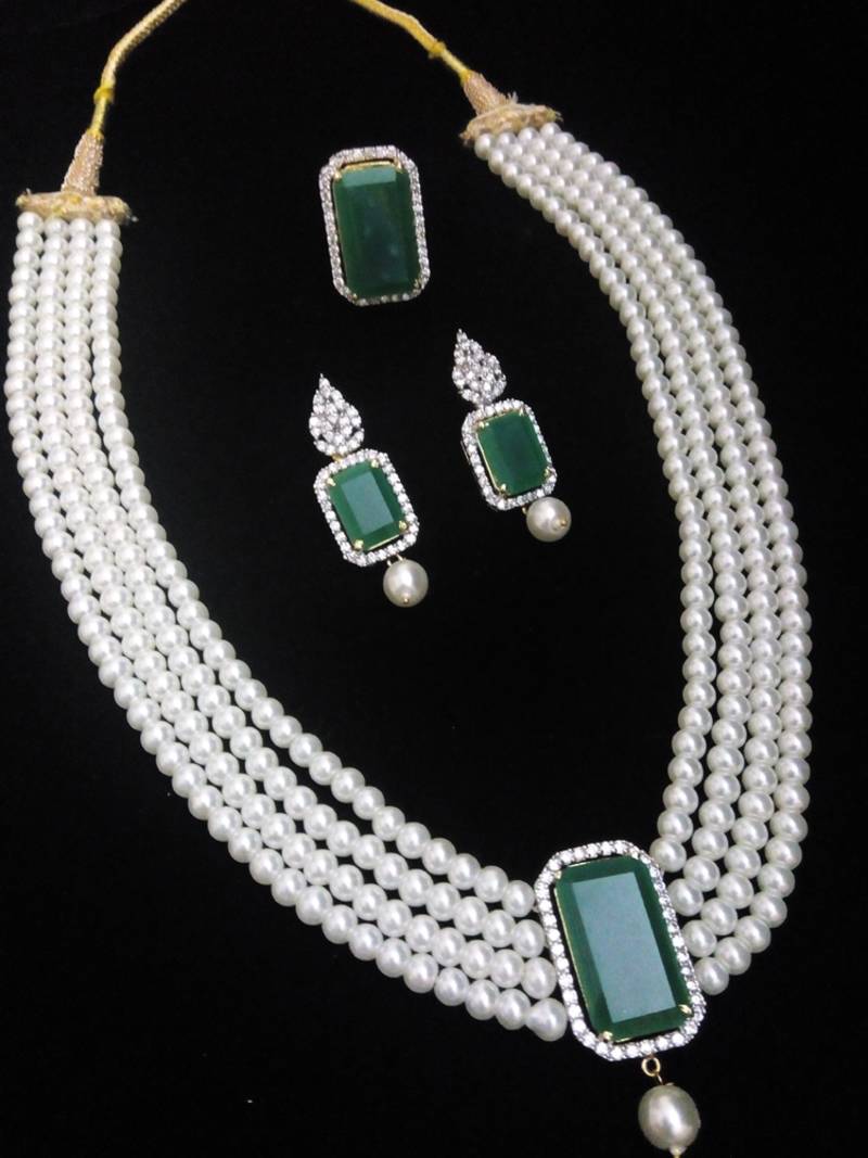 Green Emerald Diamond Pearl Necklace Set RICH LOOK 510889