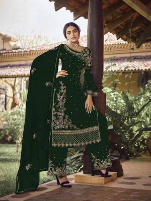 Green Faux Georgette Shtraight cut Plazzo Style salwar kameez With Embroidery work 1