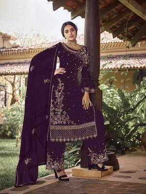 Purple  Faux Georgette Shtraight cut Plazzo Style salwar kameez With Embroidery work 1
