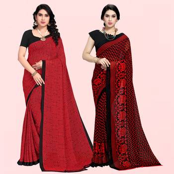 Red,Red,Black Printed Georgette Daily Wear Saree with Blouse Piece(Pack of 2) 1