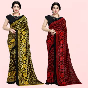Yellow,Black,Red,Black Printed Georgette Daily Wear Saree with Blouse Piece(Pack of 2) 1