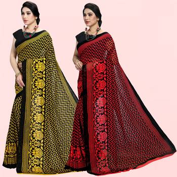 Yellow,Black,Red,Black Printed Georgette Daily Wear Saree with Blouse Piece(Pack of 2) 2