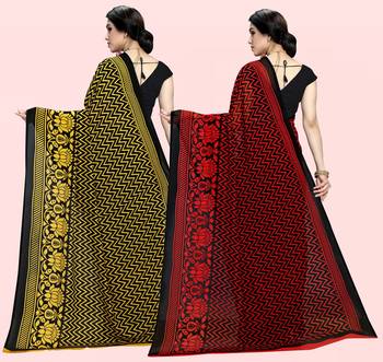 Yellow,Black,Red,Black Printed Georgette Daily Wear Saree with Blouse Piece(Pack of 2) 3