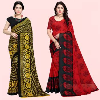 Yellow,Black,Red Printed Georgette Daily Wear Saree with Blouse Piece(Pack of 2) 1