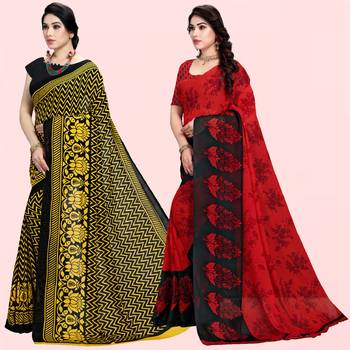 Yellow,Black,Red Printed Georgette Daily Wear Saree with Blouse Piece(Pack of 2) 2