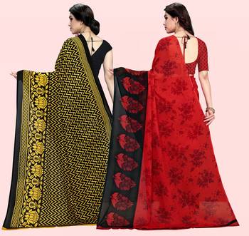 Yellow,Black,Red Printed Georgette Daily Wear Saree with Blouse Piece(Pack of 2) 3