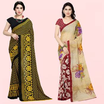 Yellow,Black,Beige,Brown Printed Georgette Daily Wear Saree with Blouse Piece(Pack of 2) 1