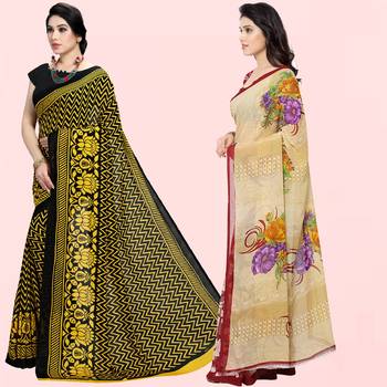 Yellow,Black,Beige,Brown Printed Georgette Daily Wear Saree with Blouse Piece(Pack of 2) 2