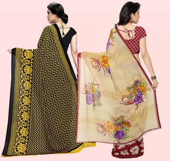 Yellow,Black,Beige,Brown Printed Georgette Daily Wear Saree with Blouse Piece(Pack of 2) 3