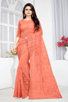Peach embroidered net saree with blouse
