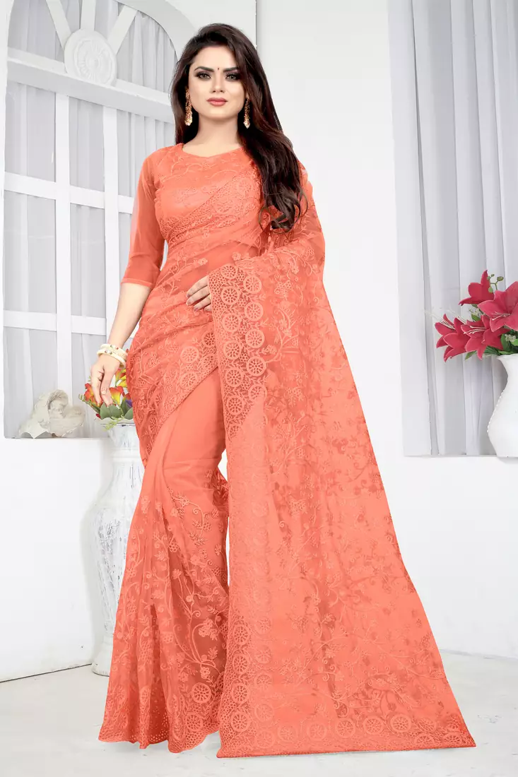 Peach embroidered net saree with blouse