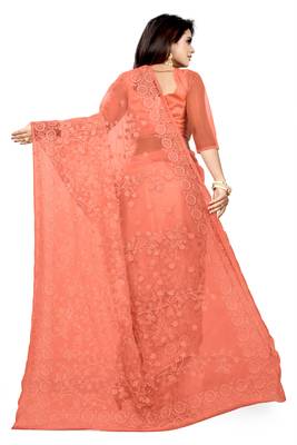 Peach embroidered net saree with blouse 2