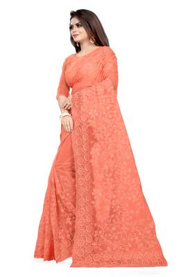 Peach embroidered net saree with blouse 3