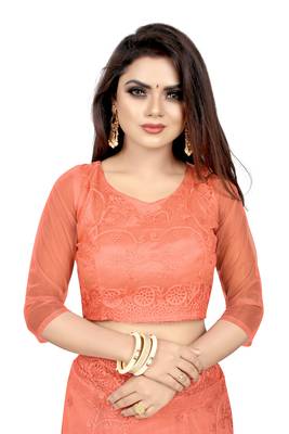 Peach embroidered net saree with blouse 4