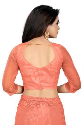 Peach embroidered net saree with blouse 5