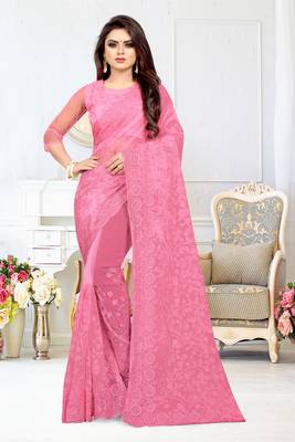 Pink embroidered net saree with blouse 1