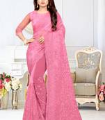 Pink embroidered net saree with blouse