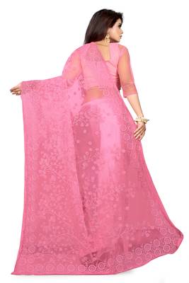 Pink embroidered net saree with blouse 2