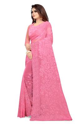 Pink embroidered net saree with blouse 3