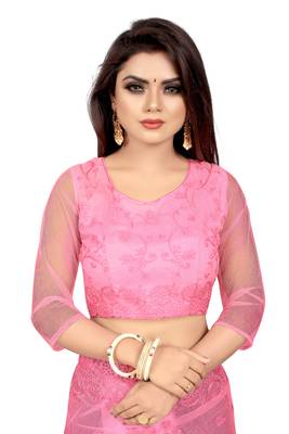 Pink embroidered net saree with blouse 4