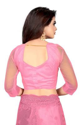 Pink embroidered net saree with blouse 5