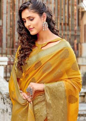 Yellow woven art silk sarees saree with blouse 2