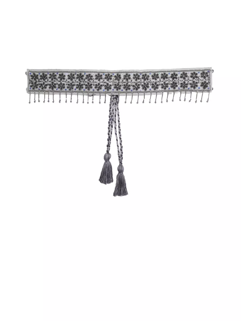 Anekaant Grey & Black Floral Beaded Cotton Handmade Belt