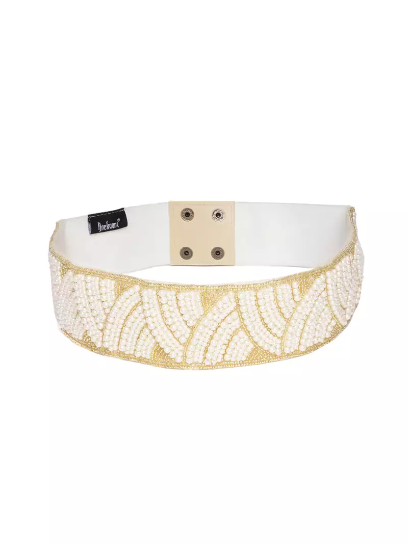 Anekaant White & Gold Chevron Beaded Cotton Belt