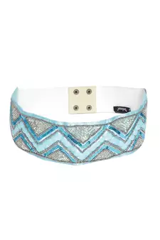 Anekaant Sky Blue & Silver Chevron Beaded Satin Belt